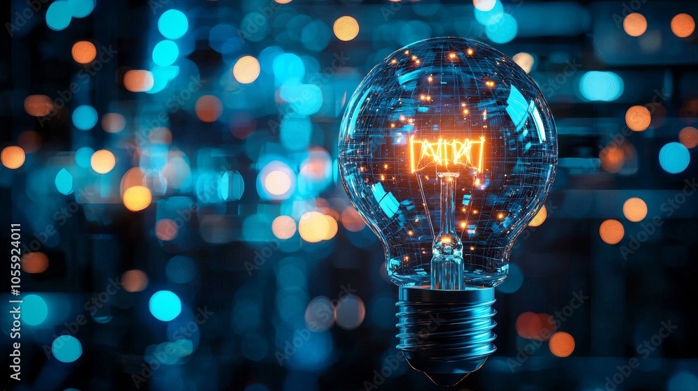 Poster glowing light bulb with digital circuitry in bokeh background