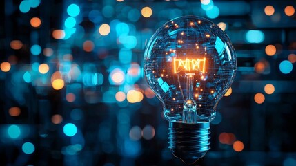 Glowing light bulb with digital circuitry in bokeh background