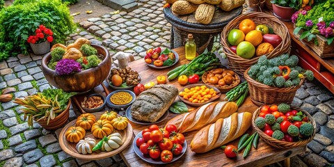 Fototapeta premium Rustic Food Photography on Cobblestone Streets - A Culinary Journey Through Historic Towns