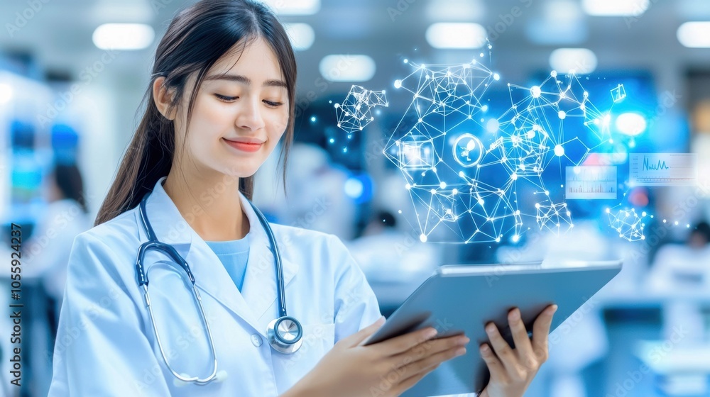 Poster healthcare professional using tablet with data visualization
