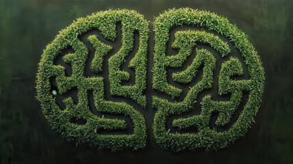Naklejka premium An artistic hedge maze shaped like a human brain, symbolizing complexity, intelligence, and the intricacies of thought processes, surrounded by lush greenery.