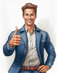 Image of a happy businessman with a thumbs up, expressing satisfaction, endorsement, and achievement in the corporate world