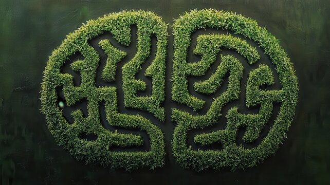 An artistic hedge maze shaped like a human brain, symbolizing complexity, intelligence, and the intricacies of thought processes, surrounded by lush greenery.