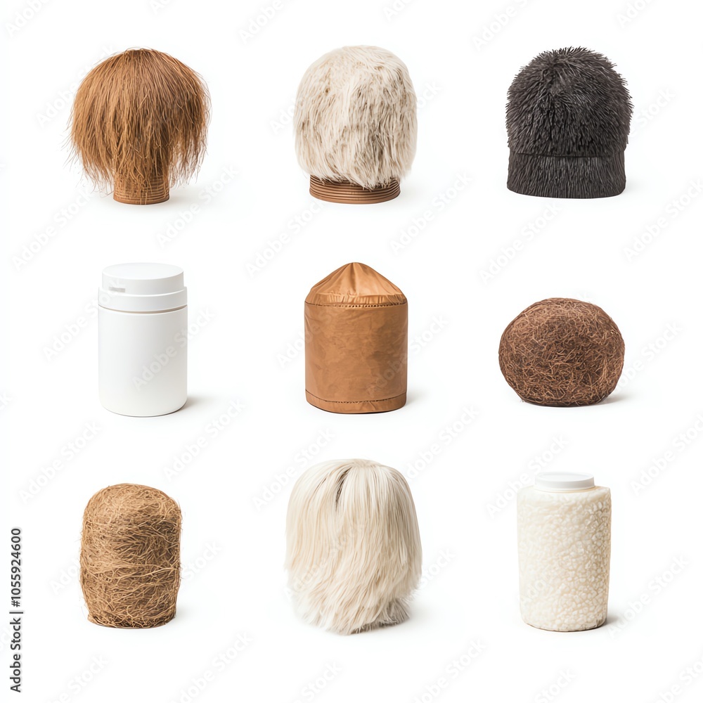 Poster an artistic arrangement of various textured objects, showcasing diverse materials and shapes in a mi