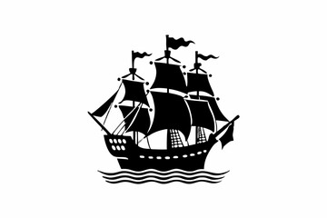 Pirate Ship Silhouette Vector on Ocean
