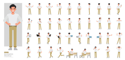 Big Set of businessman wear white shirt character vector design. People working in office planning, thinking and economic analysis. Presentation in various action.