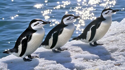Fototapeta premium Family of Penguins on Icy Shoreline by the Water