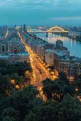 Fototapeta premium City Lights Symphony Serene Cityscape with Bridge Over Reflective River - Urban Tranquility at Dusk