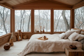 Cozy Bedroom Retreat with Snowy Forest View - Tranquil Winter Haven for Relaxation and Inspiration