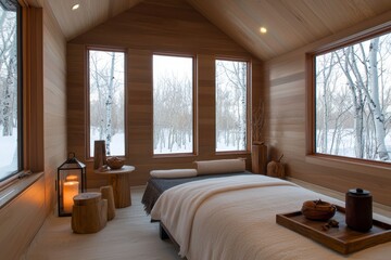 Cozy Winter Retreat Luxurious Wooden Cabin Bedroom with Snowy Forest View, Tranquil Escape for Relaxation and Comfort