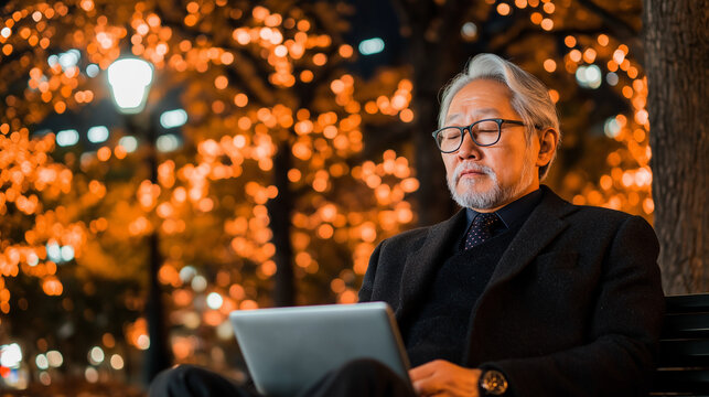Night City Executive: Older Asian man works on laptop at night in a park with warm bokeh lights.