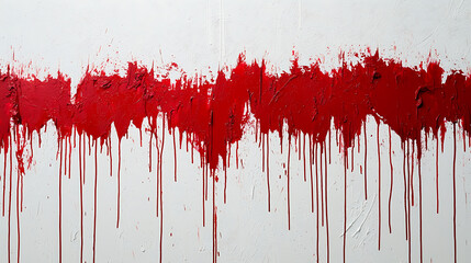 Bold red paint drips on a textured white canvas