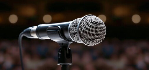 Elegant Black Microphone with Silver Mesh Grill on Stand, Closeup View with Blurred Dark Background, Music Performance Concept