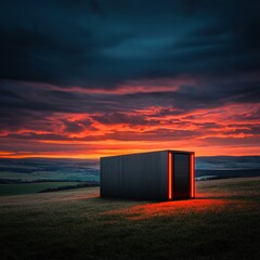Obraz premium Serene Sunset Over Isolated Shipping Container in a Rural Landscape