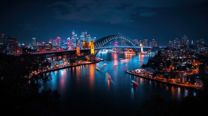 Nighttime View of Sydney Harbour Bridge and Cityscape