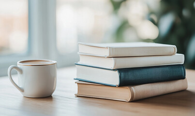 Fototapeta premium A close-up photo of a stack of classic literature books on a wooden table, with a warm cup of coffee beside them.