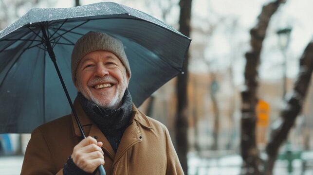 A man is smiling while holding an umbrella