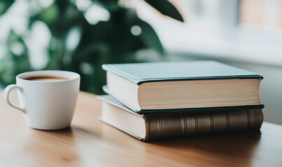 Naklejka premium A close-up photo of a stack of classic literature books on a wooden table, with a warm cup of coffee beside them.