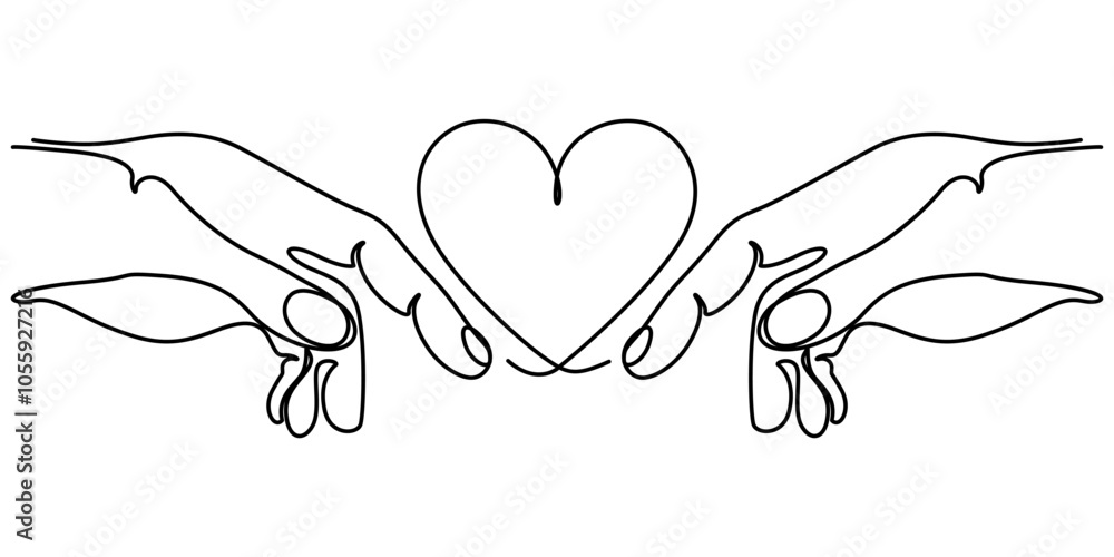 Poster continuous line vector illustration of two hands with heart barely touching one another. simple sket