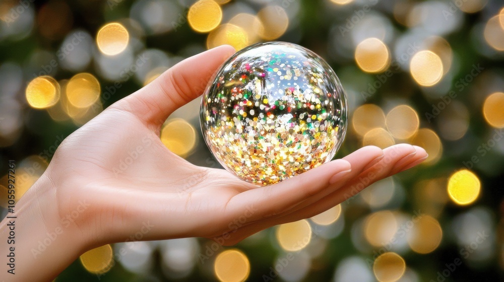 Poster sparkling globe in a hand with bokeh background