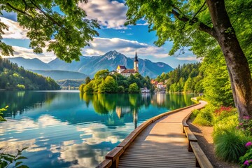 Naklejka premium Scenic Walkway on Lake Bled: Discover Slovenia's Jewel Amidst the Julian Alps for a Perfect Holiday Escape
