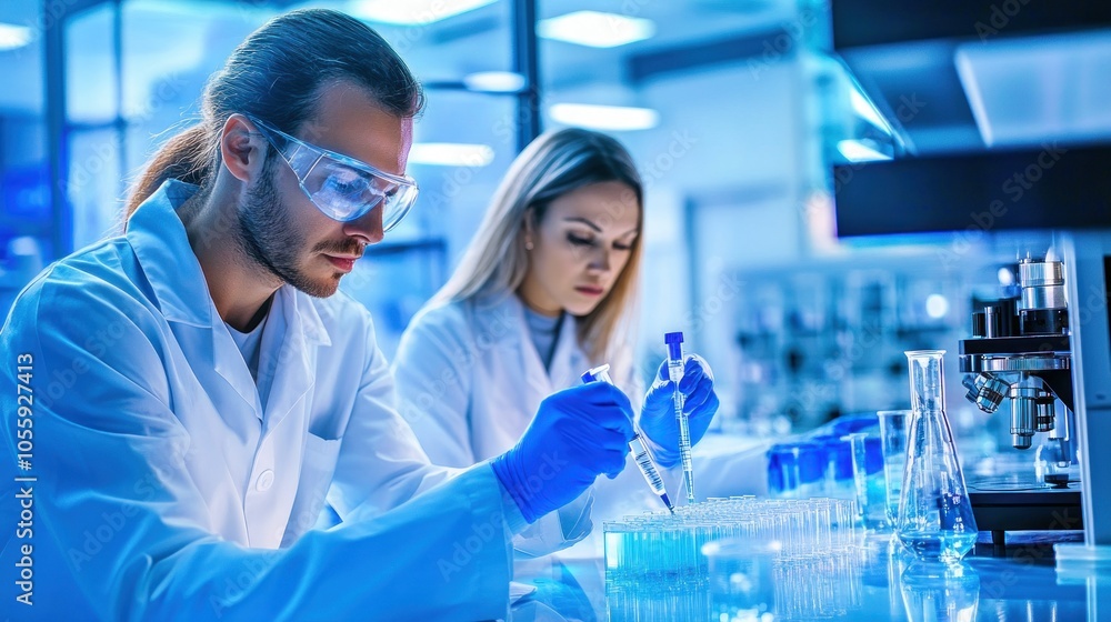 Poster Two Scientists in a Laboratory Working with Test Tubes and Pipettes