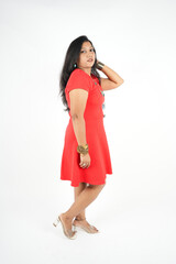 plan red color one piece dress with short sleeve, fashion style concept, side view, full image, isolated over white background.