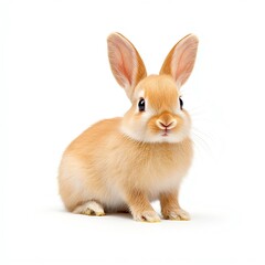 Fototapeta premium Cute fluffy rabbit sitting on a white background. Perfect for nature, pets, or animal-related themes.