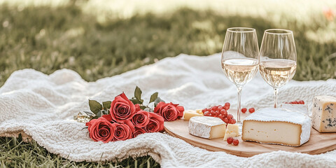 
A perfect picnic setup with a blanket on the grass, wine glasses, a cheese platter, and a bouquet of red roses, capturing the romantic simplicity of a Valentine&rsquo;s Day spent outdoors.