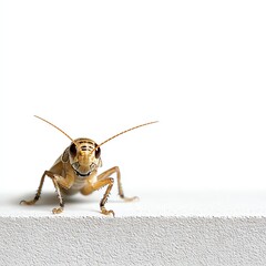 A detailed close-up of a cricket perched on a white surface, showcasing its intricate features and natural beauty.