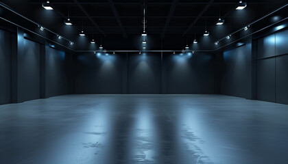 Grand local hangard vide avec des lumi&egrave;re au plafond