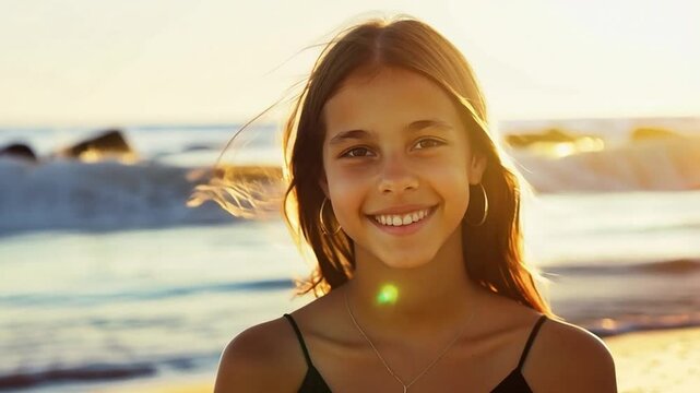 Portrait of a pretty smiling teenage girl on a lonely sunny beach.
