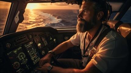 A man with a beard is piloting a plane