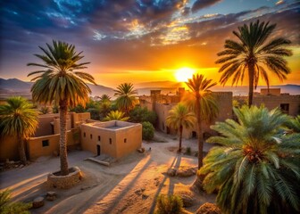 Obraz premium Serene Desert Village at Dusk with Lush Date Palm Trees - Tranquil Landscape Photography