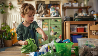 Concept recyclage, compostage et trie à la maison en utilisant des bacs réutilisables et en sensibilisant les enfants