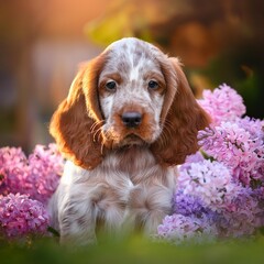 cute setter puppies among flowers close up