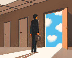 Fototapeta premium Man in suit in office. Door to heaven, way to goal. Clouds in blue sky