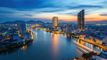 Fototapeta premium Cityscape with River at Sunset and Lights