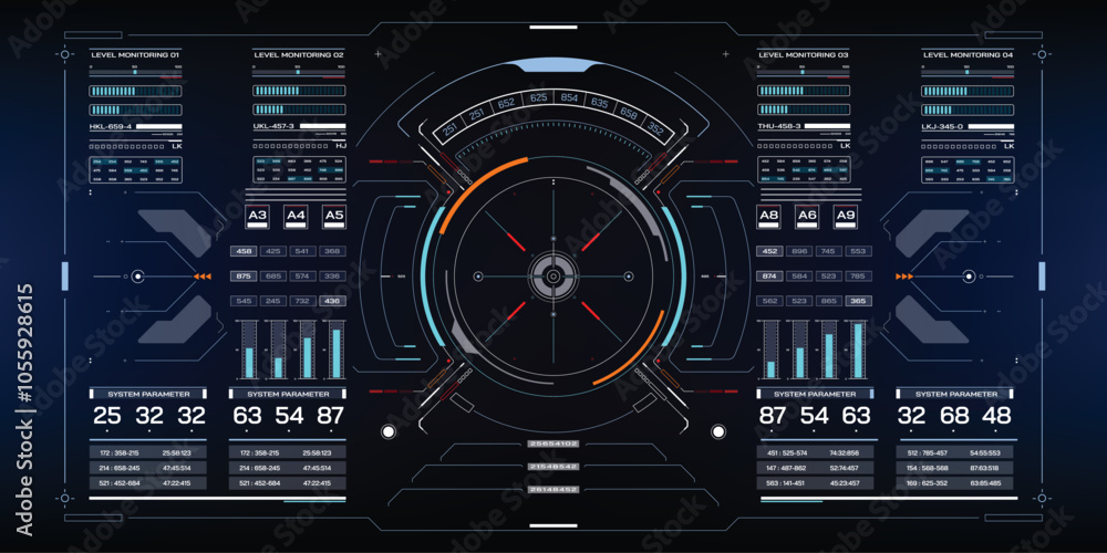 Aufkleber Technology HUD Circle Shape Simple Layout Screen Monitoring Vector. Abstract Cockpit Control Monitor Panel Aiming, Drone searching enemy concept illustration.