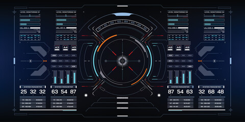 Technology HUD Circle Shape Simple Layout Screen Monitoring Vector. Abstract Cockpit Control Monitor Panel Aiming, Drone searching enemy concept illustration.