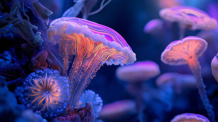 Obraz premium An ultra-realistic macro image of a surreal psychedelic realm, with neon patterns that pulse among crystalline textures. Swirling shapes flow through the composition, blending vibr