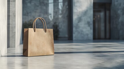 Blank mockup template of a matte shopping bag with custom branding on a polished concrete surface, modern ambiance.