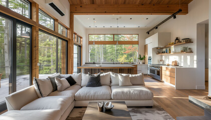 Bel intérieur moderne et chaleureux d'une maison partiellement en bois avec de belles baies vitrées