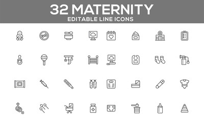 32 Editable Maternity Line Icons for Baby Care, Pregnancy Essentials, and Newborn Health