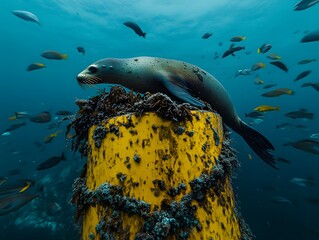 Obraz premium Sea lion resting on a buoy in the ocean.