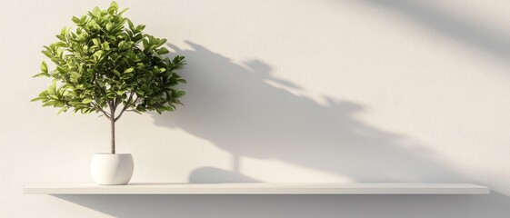 Obraz premium Serenity in Minimalism Closeup of Green Potted Plant on White Shelf, Calm Luxury Indoor Decor Concept