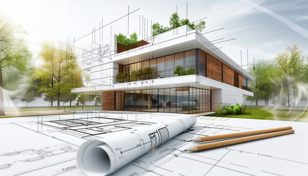 Esquisse d'une maison moderne partiellement en bois et des mat&eacute;riaux recyclable et bon pour l'environnement
