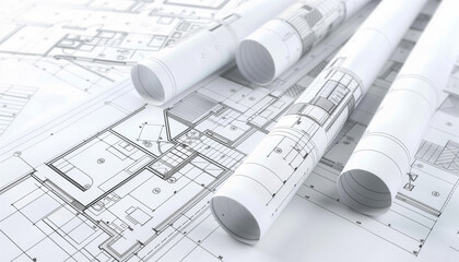Plan d'architecte en rouleau pour la création et la construction d'une maison ou d'un immeuble