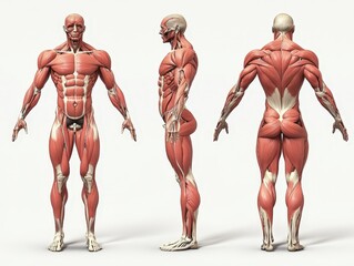 Male muscular system anatomy illustration, front, side, and back views.