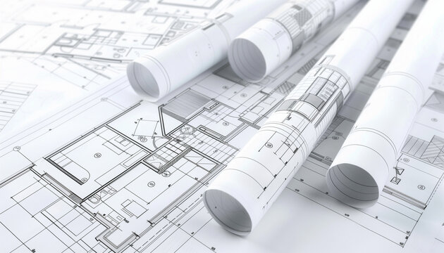 Plan d'architecte en rouleau pour la cr&eacute;ation et la construction d'une maison ou d'un immeuble